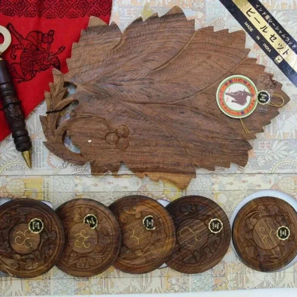 Vintage Mid Century Wooden Hand Carved Leaf Server, Coaster & Bottle Opener Set - Picture 2 of 5